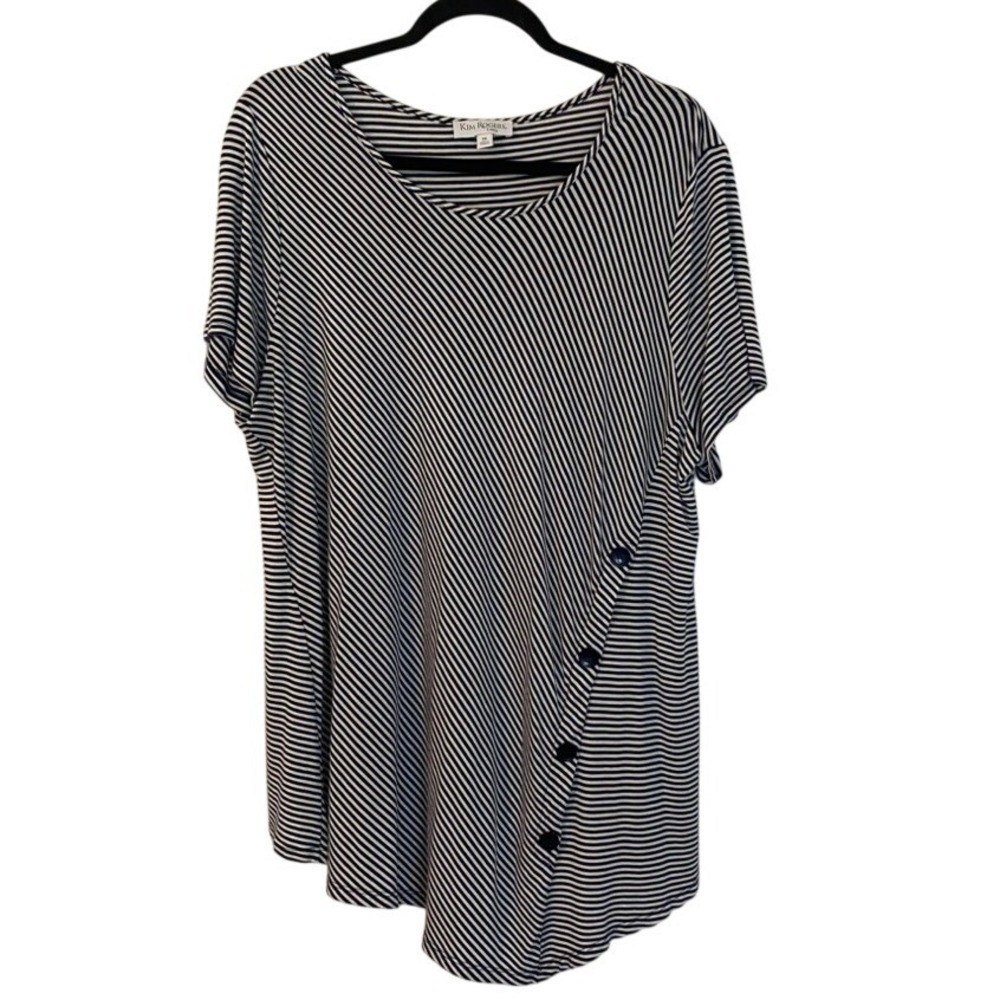Black White Striped Asymmetric Button Hem Top 2X Boho Oversized Tunic Beach